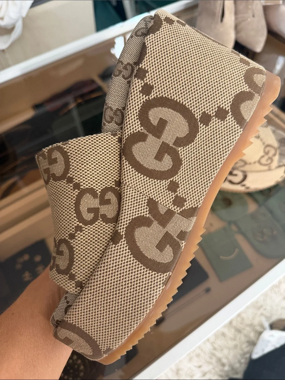 Gucci Beige GG Logo Platform Slides
